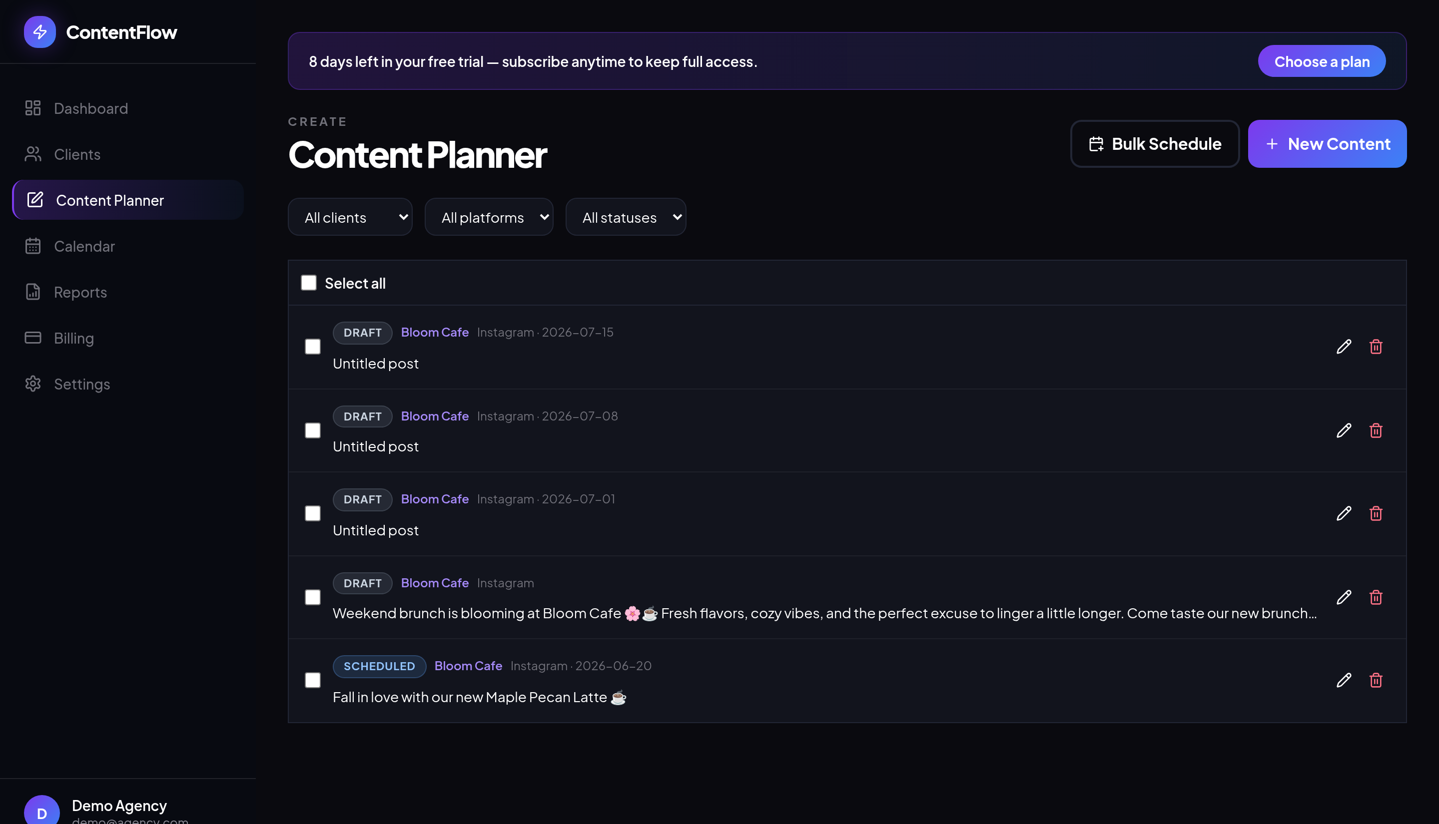 ContentFlow AI Content Planner screen