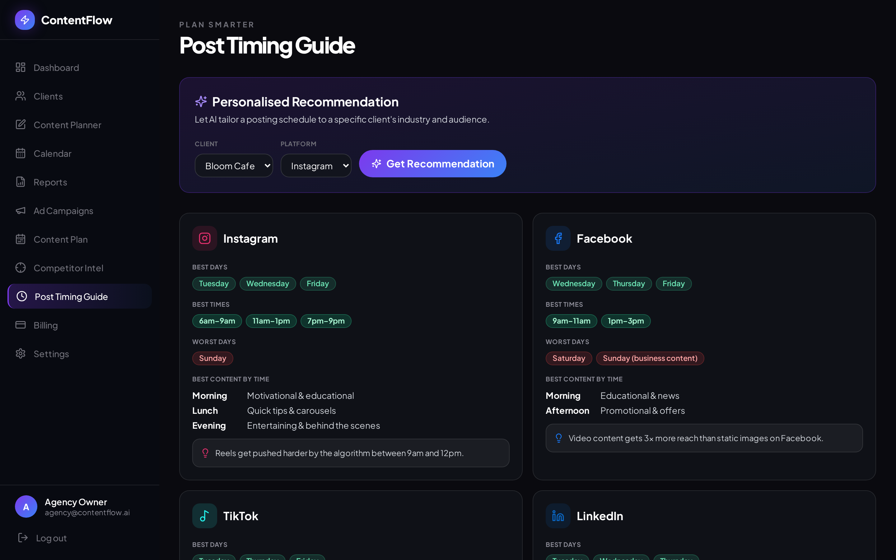 ContentFlow AI Best Time to Post screen